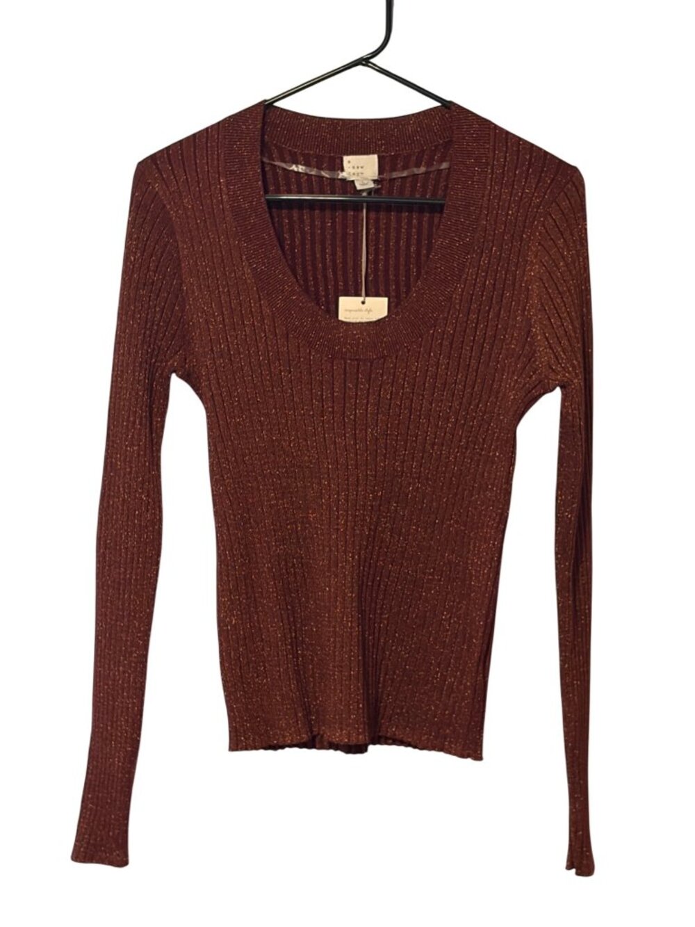New A New Day Womens Large Long Sleeve Burgundy Bronze Sparkle Ribbed Sweater Ro